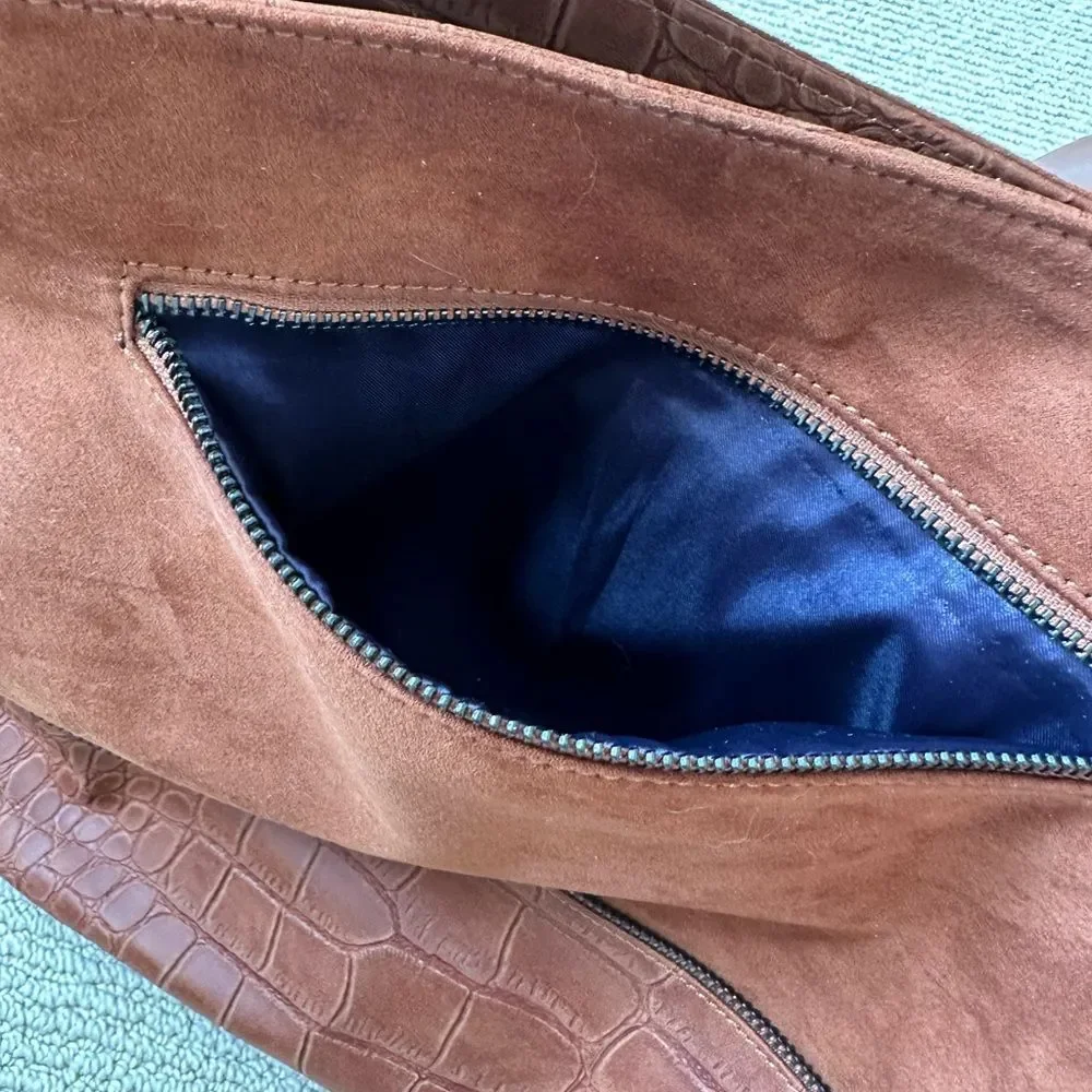 NEW Neiman Marcus Brand Brown/Rust Suede Hobo Shoulder Bag with Zip Closure